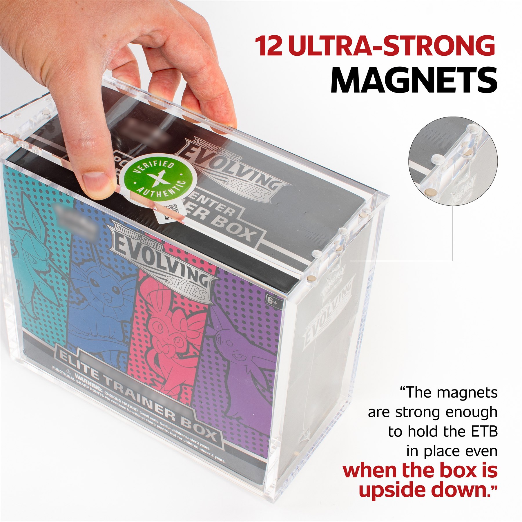 Twelve strong magnets securing an Elite Trainer Box display case